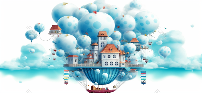 可爱风儿童节气球城堡蓝色背景插画手绘图,插画/手绘图,插画/手绘图库,插画/手绘图下载,插画/手绘